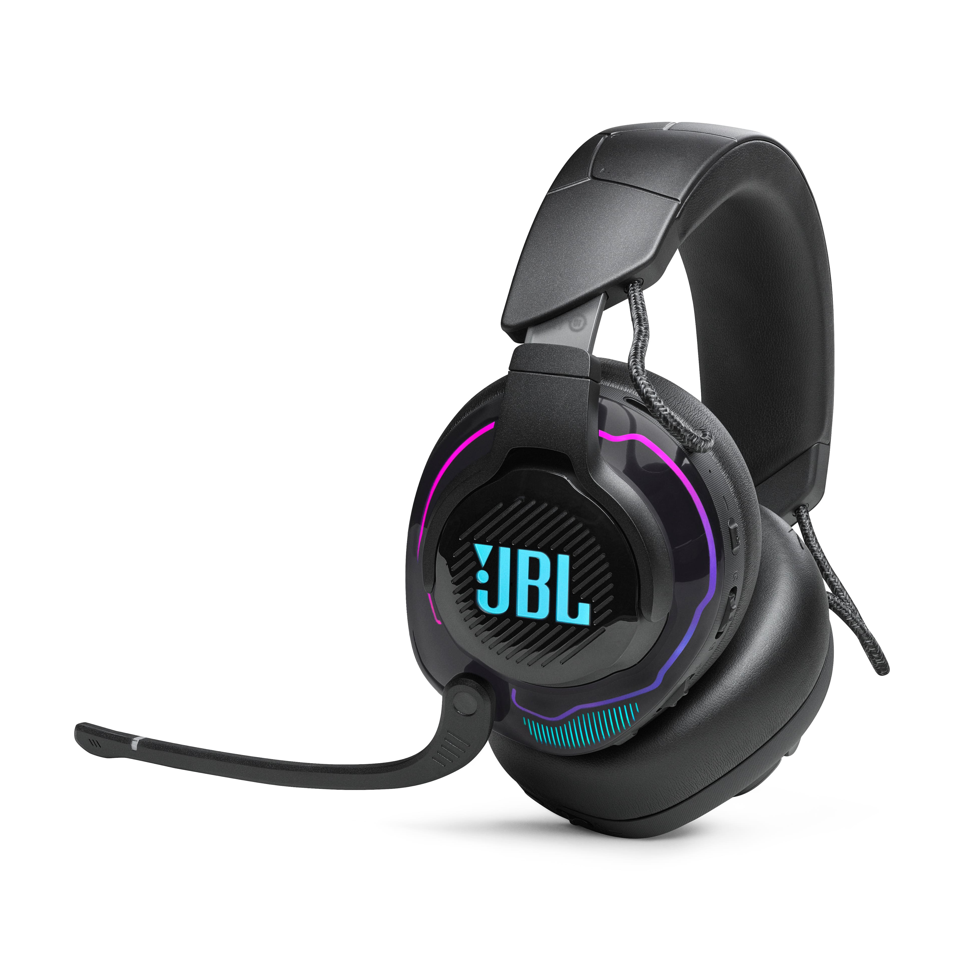 JBL Quantum 910X Wireless headset showing ear cushions and boom mic