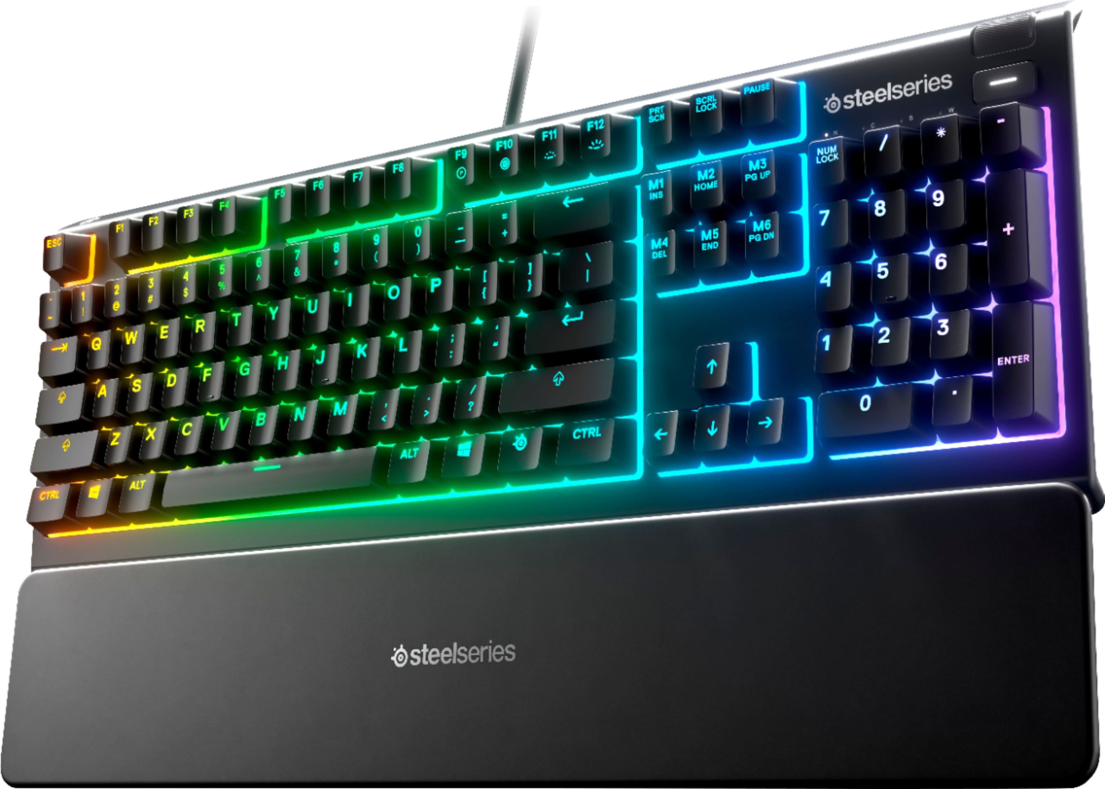 SteelSeries Apex 3 keyboard with RGB lighting on a gaming desk