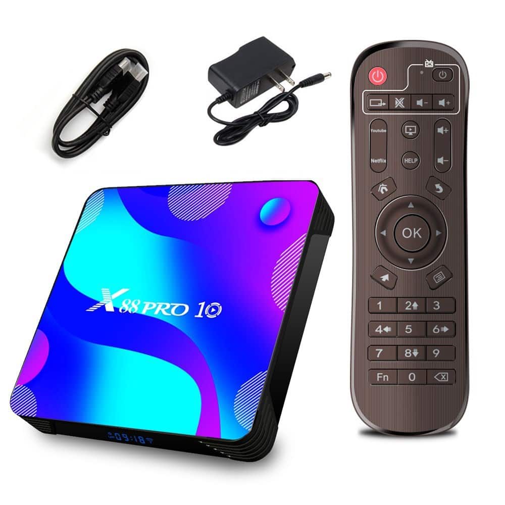 Topteng X88 Pro 10 Android TV Box connected to a modern TV with streaming apps displayed