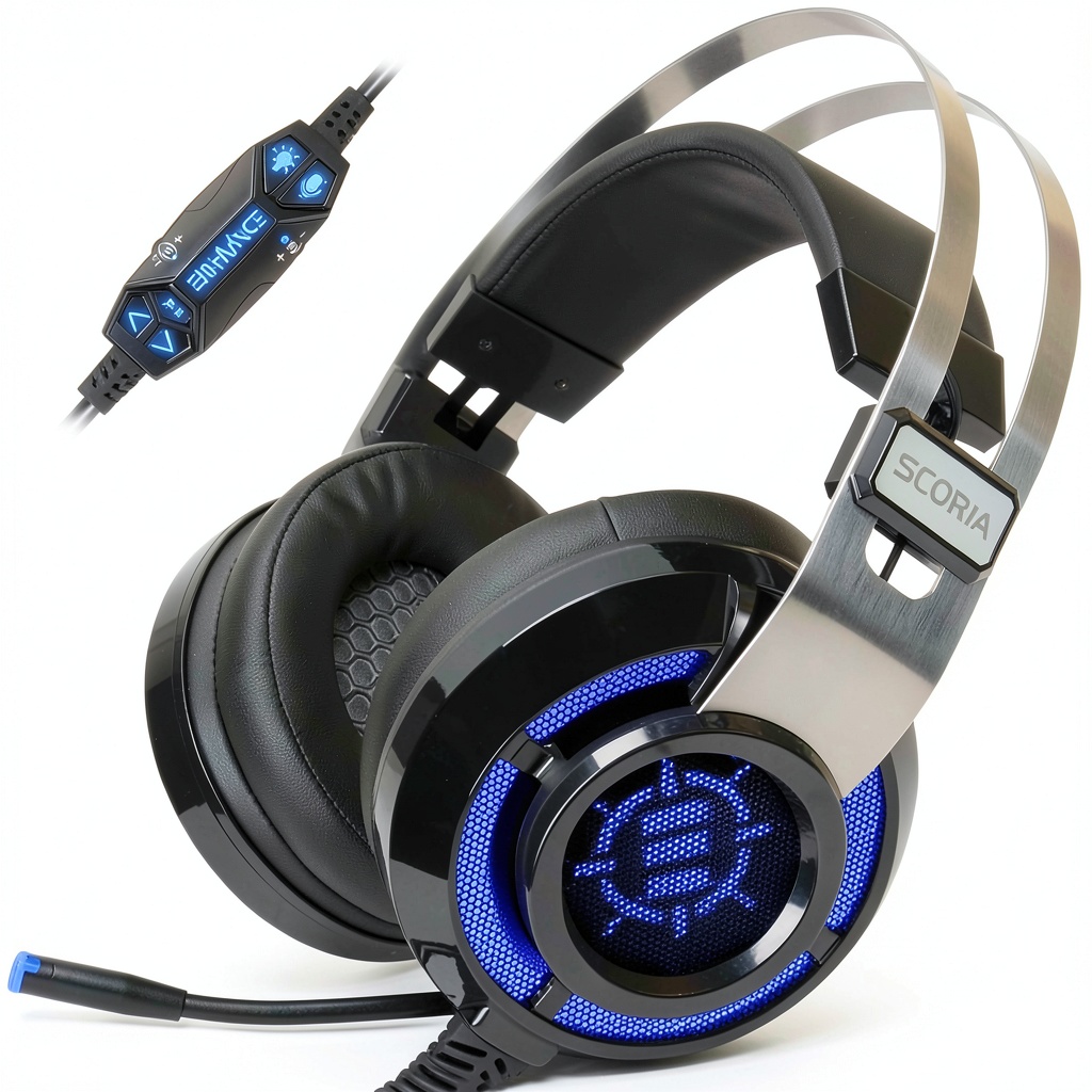 ENHANCE Scoria Gaming Headset 7.1 Surround Sound PS4 PC showing RGB lighting and comfortable earpads during actual gameplay