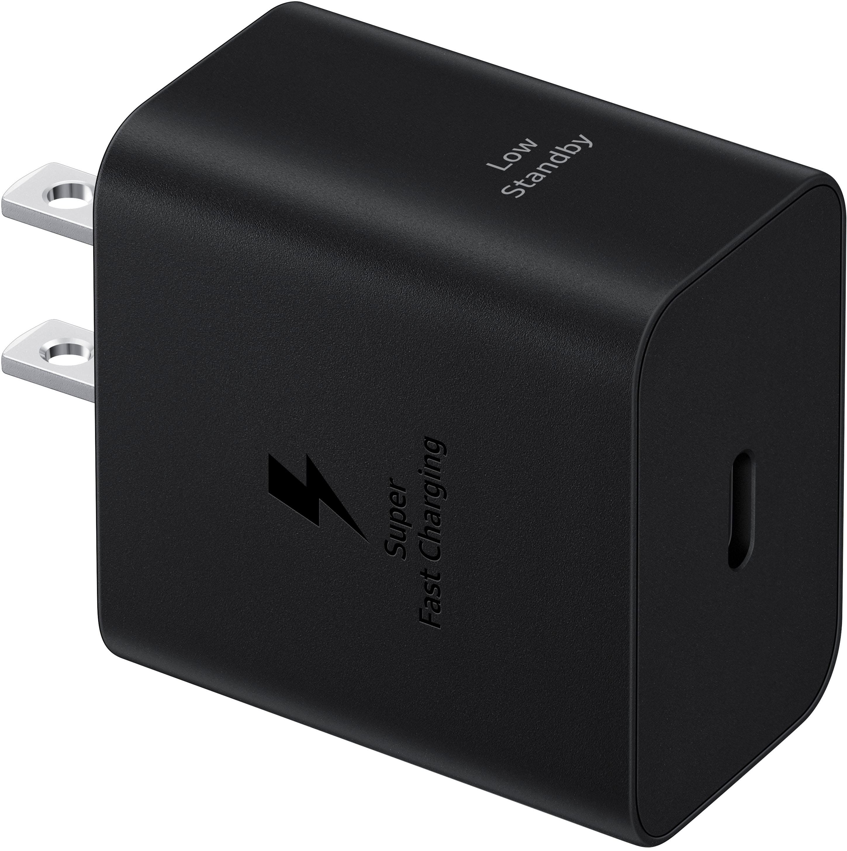 Samsung 45W Power Adapter connected to a smartphone on a desk