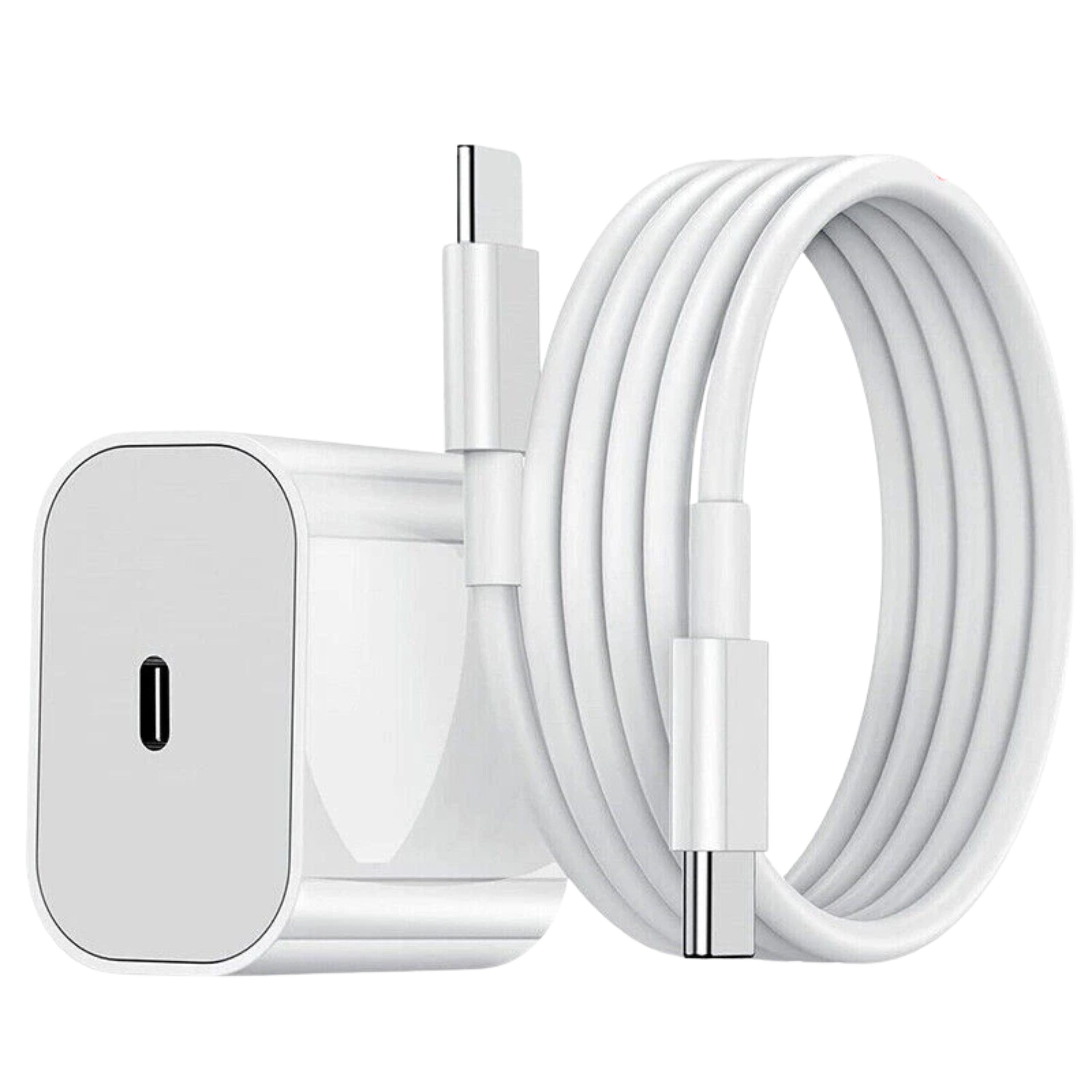 20W USB-C Fast Charger connected to an iPhone 15 on a desk