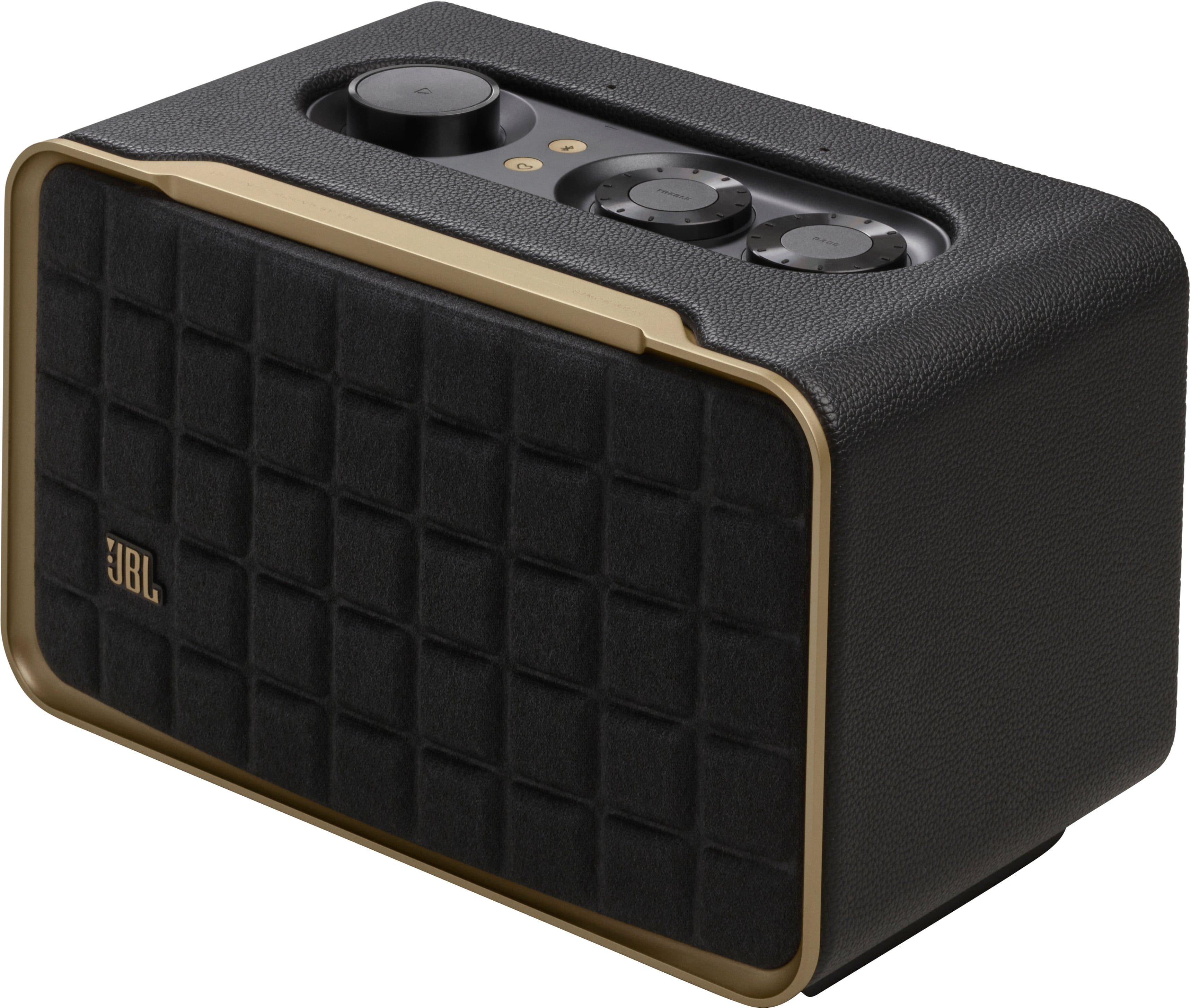 JBL Authentics 200 Retro Speaker placed on wooden bookshelf with smart home devices